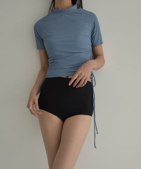 swim-02467　Gathered Design Short Sleeve Rash Guard　Beige　Dusty Blue