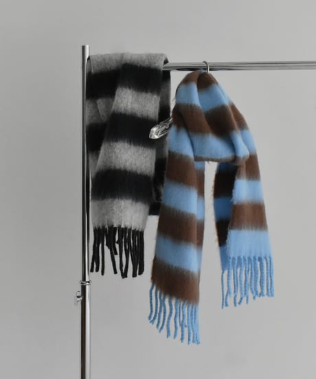 muffler-02023　Border Fringe Muffler Blue×Brown Black×Gray