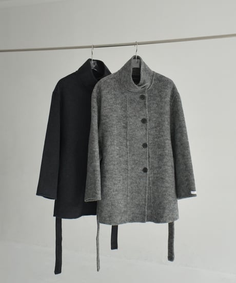 coat-02059  Stand Collar Wool Coat With Reversible Finish　Gray Dark-gray