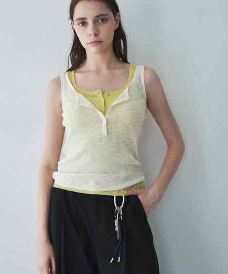 nh-knit-02383  Henley Neck Sheer Tank Ecru Yellow Blue Gray Black