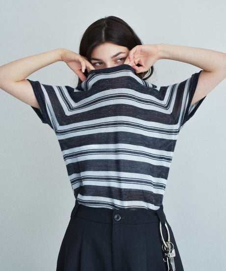 nh-knit-02384 Half-Sleeve Striped Knit Ecru Blue