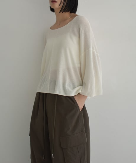 knit-02326　Linen Blend Half Sleeve Mesh Pullover  White Ecru Gray Black