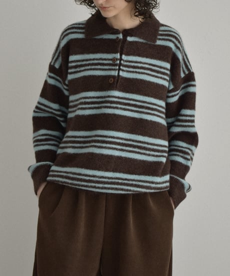 knit-02368 Polo Collar Border Knit Gray Brown