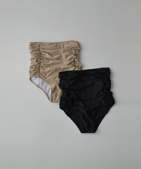 swim-02464　Gathered Design High Waist Bikini Swim Bottoms　Mocha Beige　Black