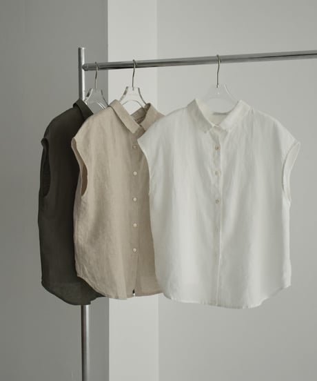 tops-02478　Linen Sleeveless Blouse White Khaki Natural