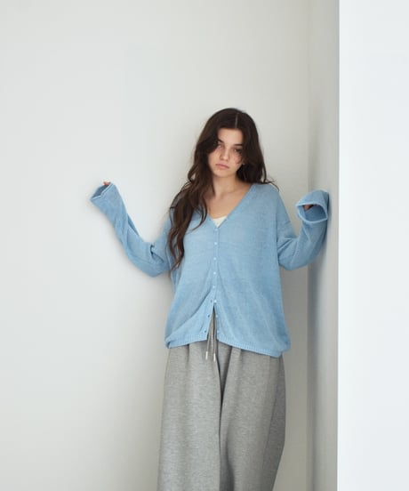 knit-02378 Linen Blend Mesh Knit Cardigan Ecru Pink Blue Gray Navy