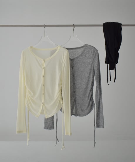 tops-02490　Summer Knit Gathered Cardigan Cream Gray Black