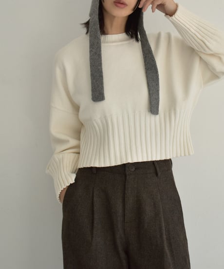 knit-02311　Waist Rib Design Cropped Knit Ecru Mocha Beige Black