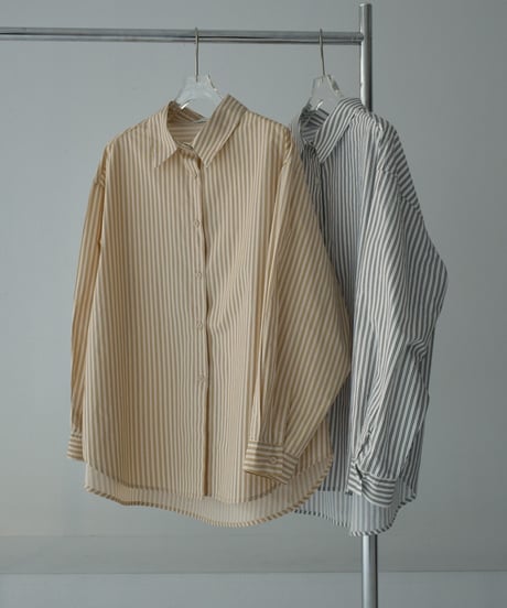tops-02453　Oversized Striped Shirt Camel Navy