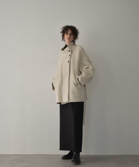 coat-02062  Raglan Sleeve Stand Collar Wool Midi Coat With Reversible Finish　Ecru Brown
