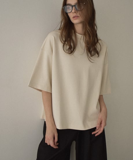 nh-tops-02566　Half-Sleeve Mock Neck Tee  Ecru Charcoal Brown