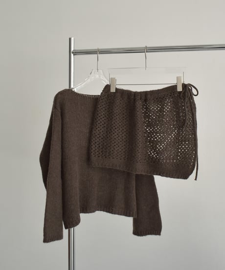 knit-02355　Wrap Crochet Knit & Boat Neck  Knit Pullover  Light-Gray Charcoal Brown