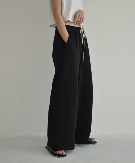 bottoms-02225　Double Waist Sweatshirt Wide Pants Black