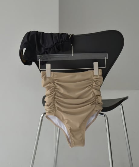 swim-02464　Gathered Design High Waist Bikini Swim Bottoms　Mocha Beige　Black