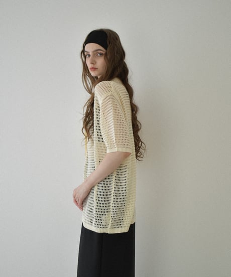 knit-02332  Oversized mesh polo knit  Ivory Black