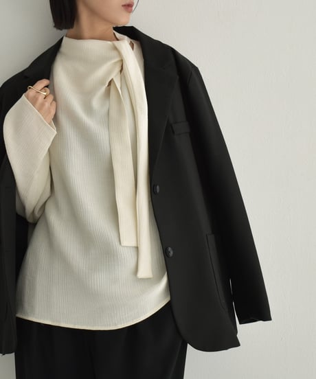 tops-02520 Asymmetrical Bowtie Blouse  Ecru Charcoal