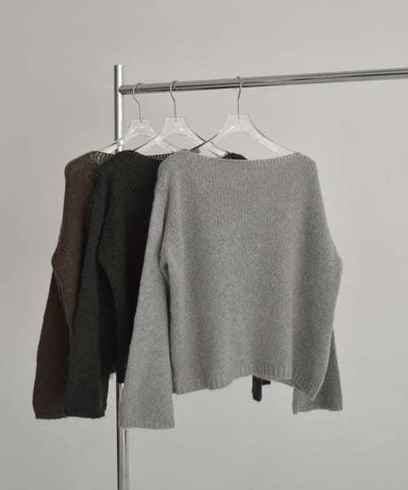 knit-02355　Wrap Crochet Knit & Boat Neck  Knit Pullover  Light-Gray Charcoal Brown