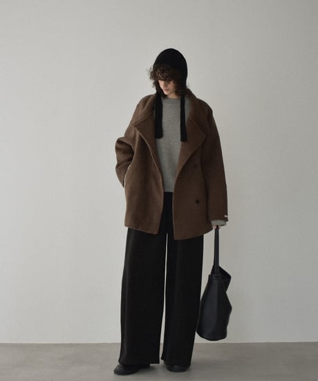 coat-02062  Raglan Sleeve Stand Collar Wool Midi Coat With Reversible Finish　Ecru Brown