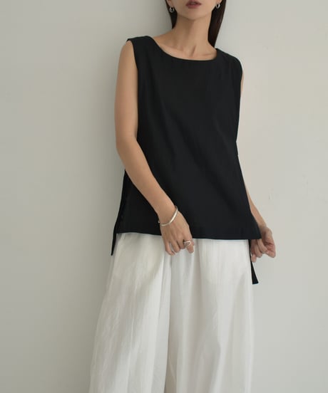 tops-02499　Side Ribbon Sleeveless Top Beige Black