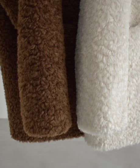 coat-02065 Poodle Boa High Neck Midi Coat Ecru Brown