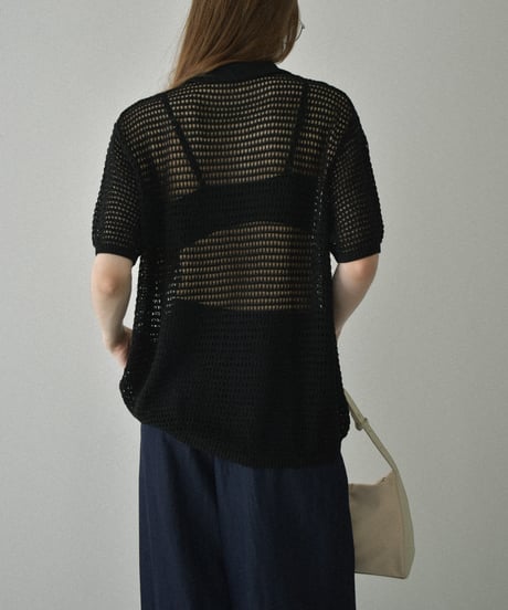 knit-02332  Oversized mesh polo knit  Ivory Black