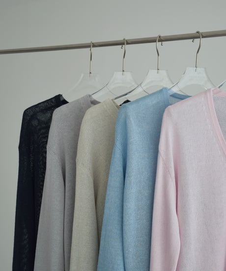 knit-02378 Linen Blend Mesh Knit Cardigan Ecru Pink Blue Gray Navy