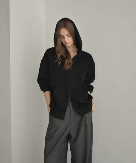 tops-02570　Double Zip Hoodie  Black Gray Khaki-Beige