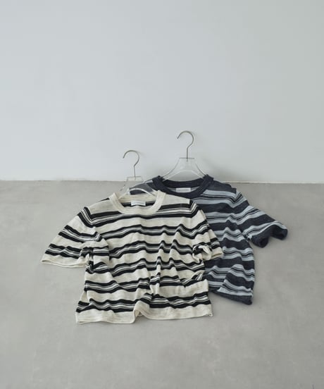 nh-knit-02384 Half-Sleeve Striped Knit Ecru Blue