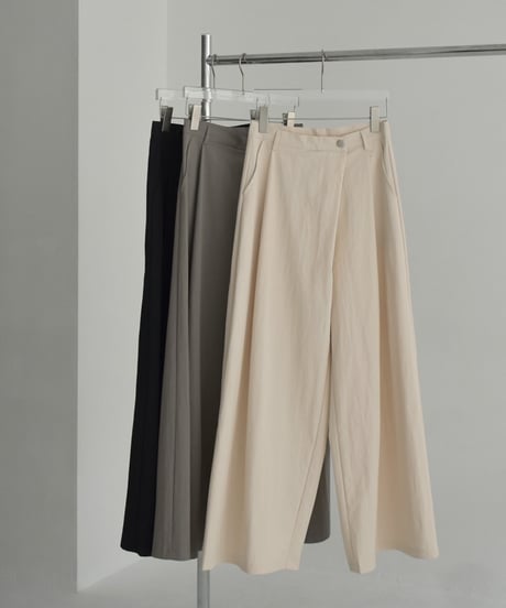 bottoms-02265    Wrap waist tuck wide pants Ecru Khaki-gray Black