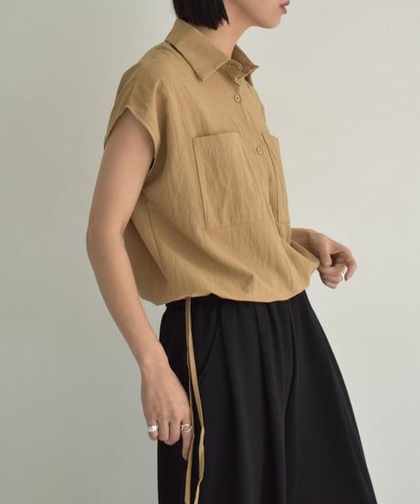 tops-02548　Drawstring Design French Sleeve Shirt　White Beige Black