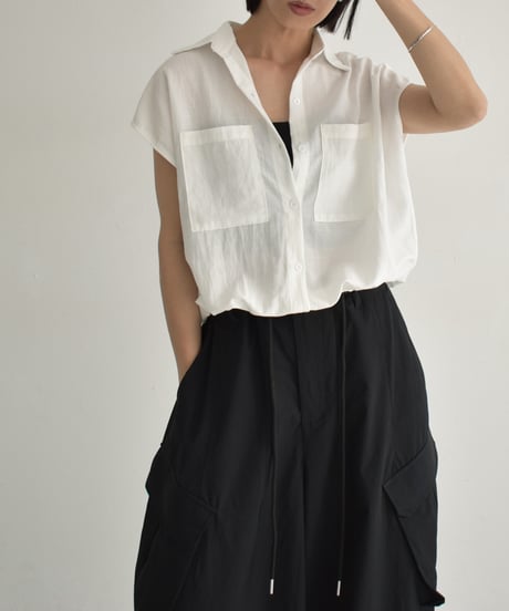 tops-02548　Drawstring Design French Sleeve Shirt　White Beige Black