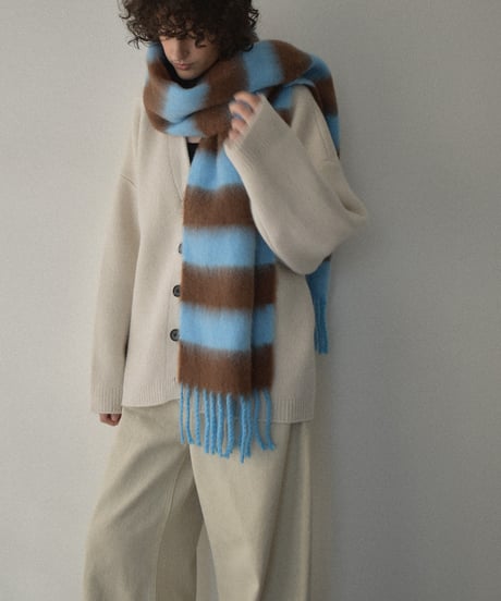 muffler-02023　Border Fringe Muffler Blue×Brown Black×Gray