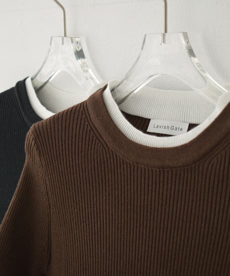knit-02296　Layered Knit Tops Brown Black