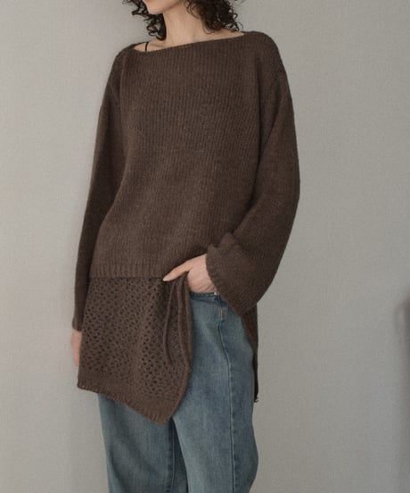 knit-02355　Wrap Crochet Knit & Boat Neck  Knit Pullover  Light-Gray Charcoal Brown