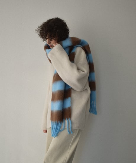 muffler-02023　Border Fringe Muffler Blue×Brown Black×Gray