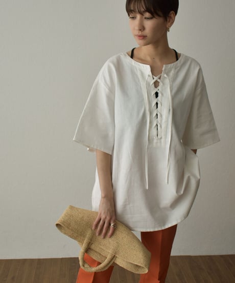 tops-04093  MADE IN JAPAN LINEN MIXED CANVAS LACE-UP PULLOVER