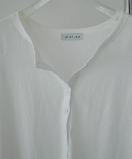 tops-02601 Henley Neck Long T-Shirt White