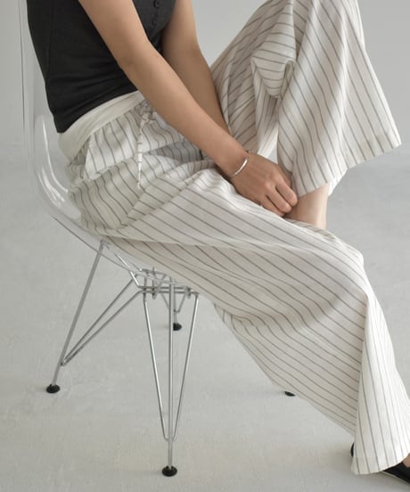 bottoms-02278　Linen Blend Striped Wide Pants　White Gray Beige