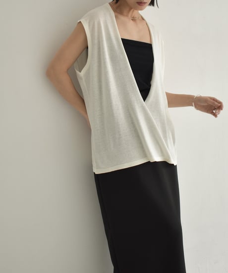 knit-02322　Deep V-neck Sheer Knit Vest  Ecru Gray Black