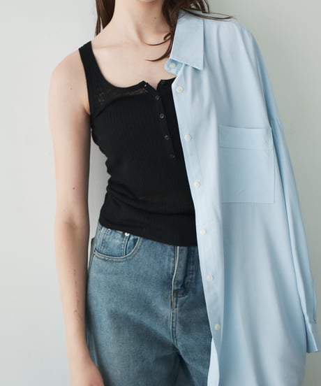 nh-knit-02383  Henley Neck Sheer Tank Ecru Yellow Blue Gray Black