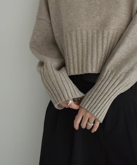 knit-02311　Waist Rib Design Cropped Knit Ecru Mocha Beige Black