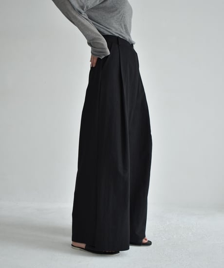 bottoms-02265    Wrap waist tuck wide pants Ecru Khaki-gray Black
