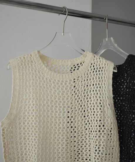 knit-02272　Sequin Mesh Knit Top Ecru Black