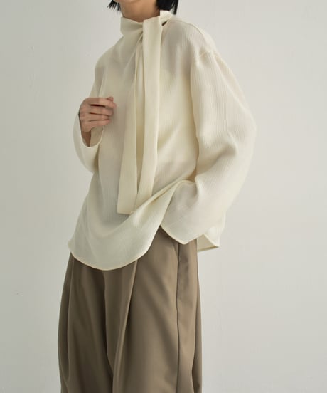 tops-02520 Asymmetrical Bowtie Blouse  Ecru Charcoal
