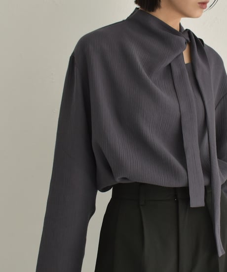tops-02520 Asymmetrical Bowtie Blouse  Ecru Charcoal