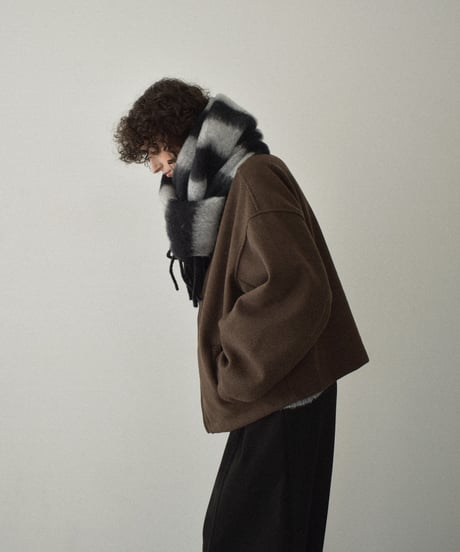 muffler-02023　Border Fringe Muffler Blue×Brown Black×Gray