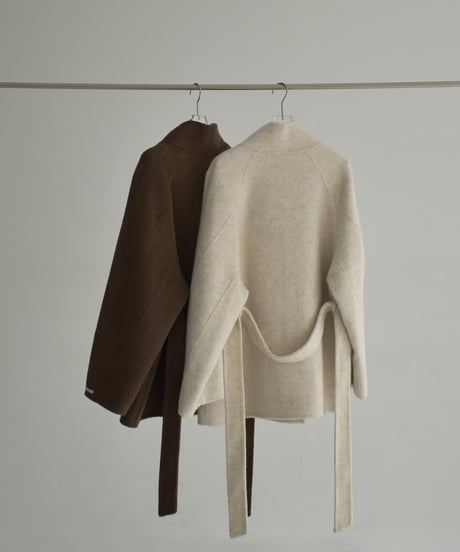 coat-02062  Raglan Sleeve Stand Collar Wool Midi Coat With Reversible Finish　Ecru Brown