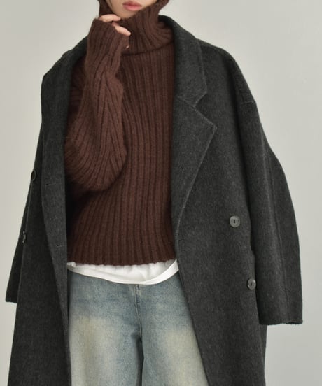 knit-02309　Ribbed Turtle Knit Tops Beige Brown Light Gray Dark Gray