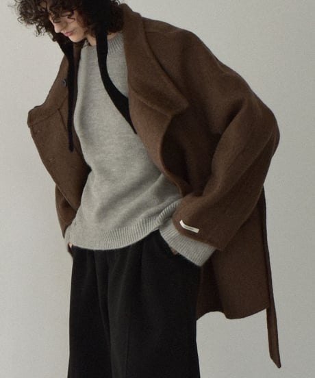 coat-02062  Raglan Sleeve Stand Collar Wool Midi Coat With Reversible Finish　Ecru Brown