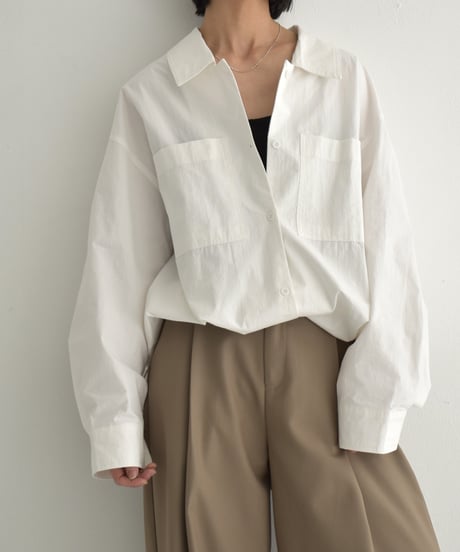 tops-02519　Drawstring Oversized Shirt　White Blue